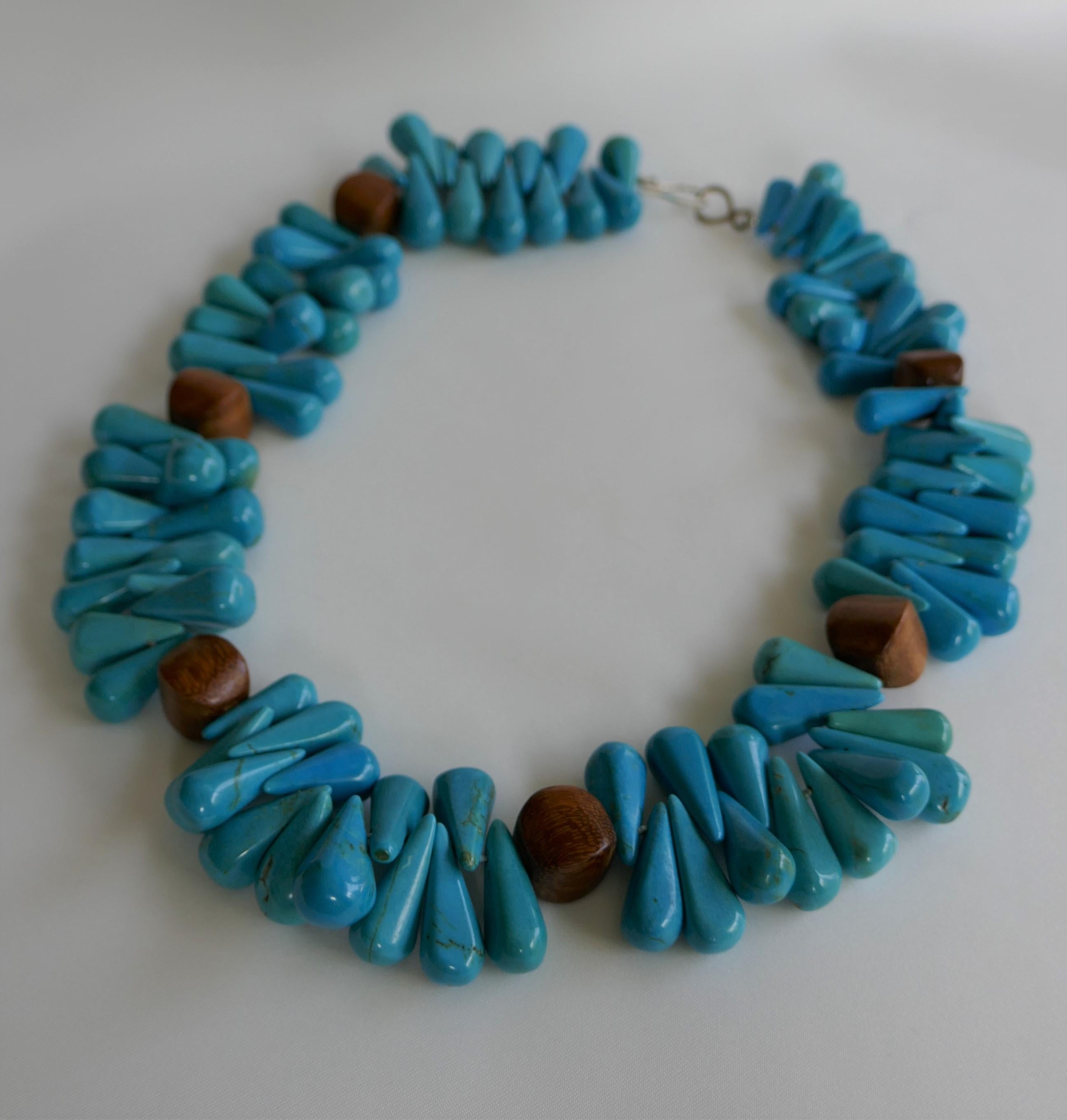 Turquoise and Wood Gemstone Necklaces For Sale 4