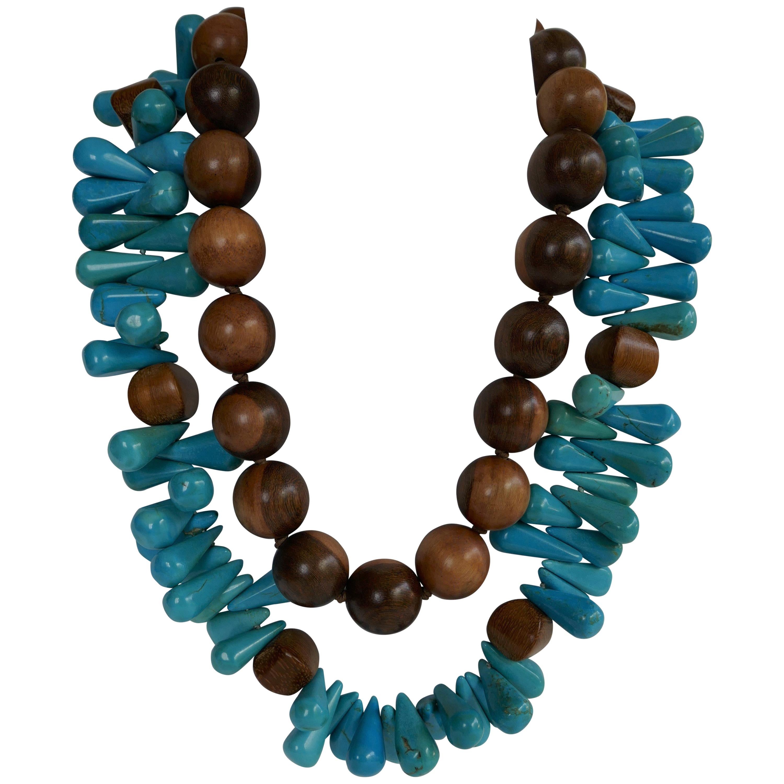 Turquoise and Wood Gemstone Necklaces For Sale