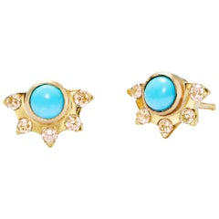 Turquoise and Yellow Diamond Gold Stud Earrings