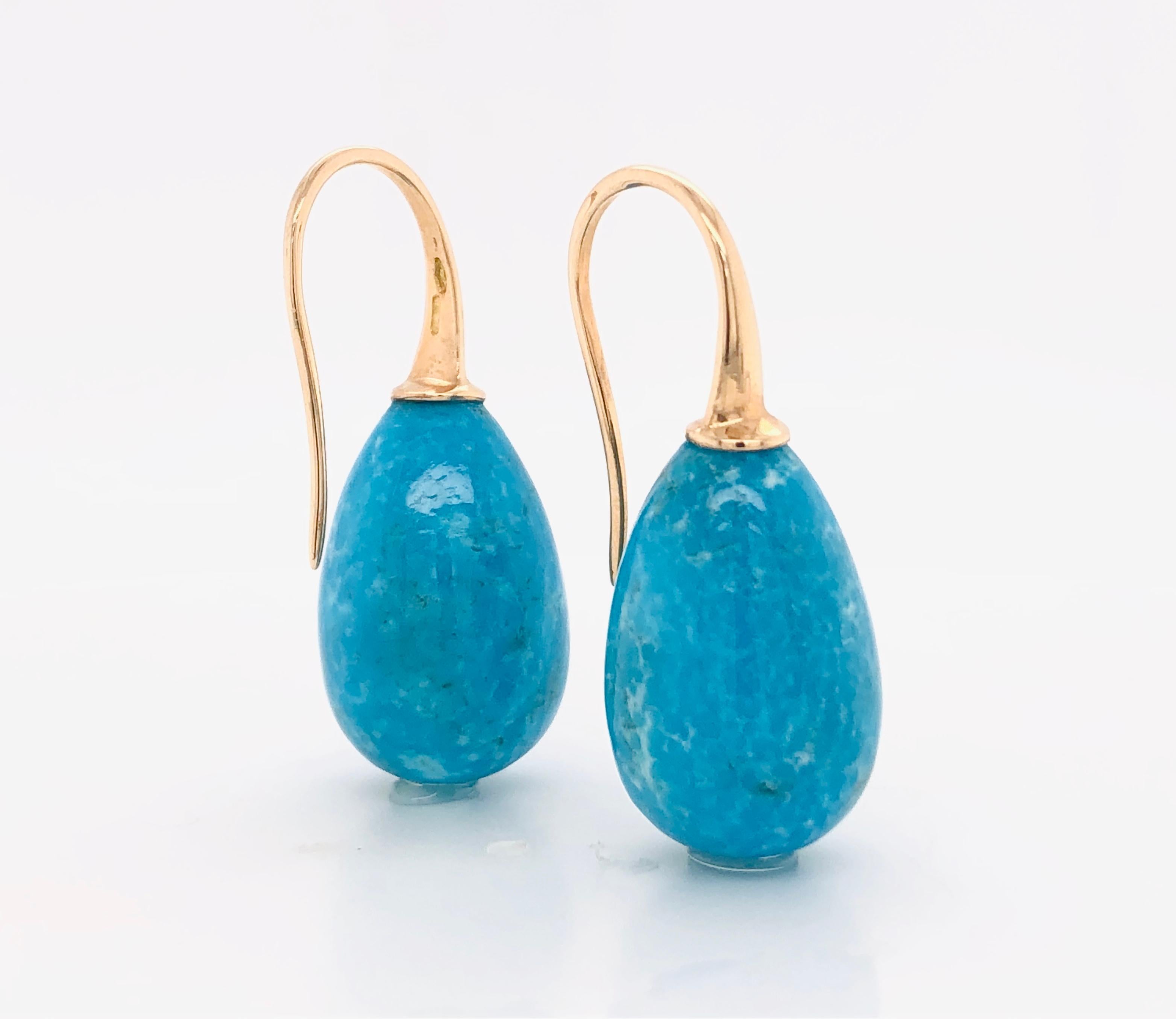 Oval Cut Turquoise and Yellow Gold 18 Karat Drop Earrings