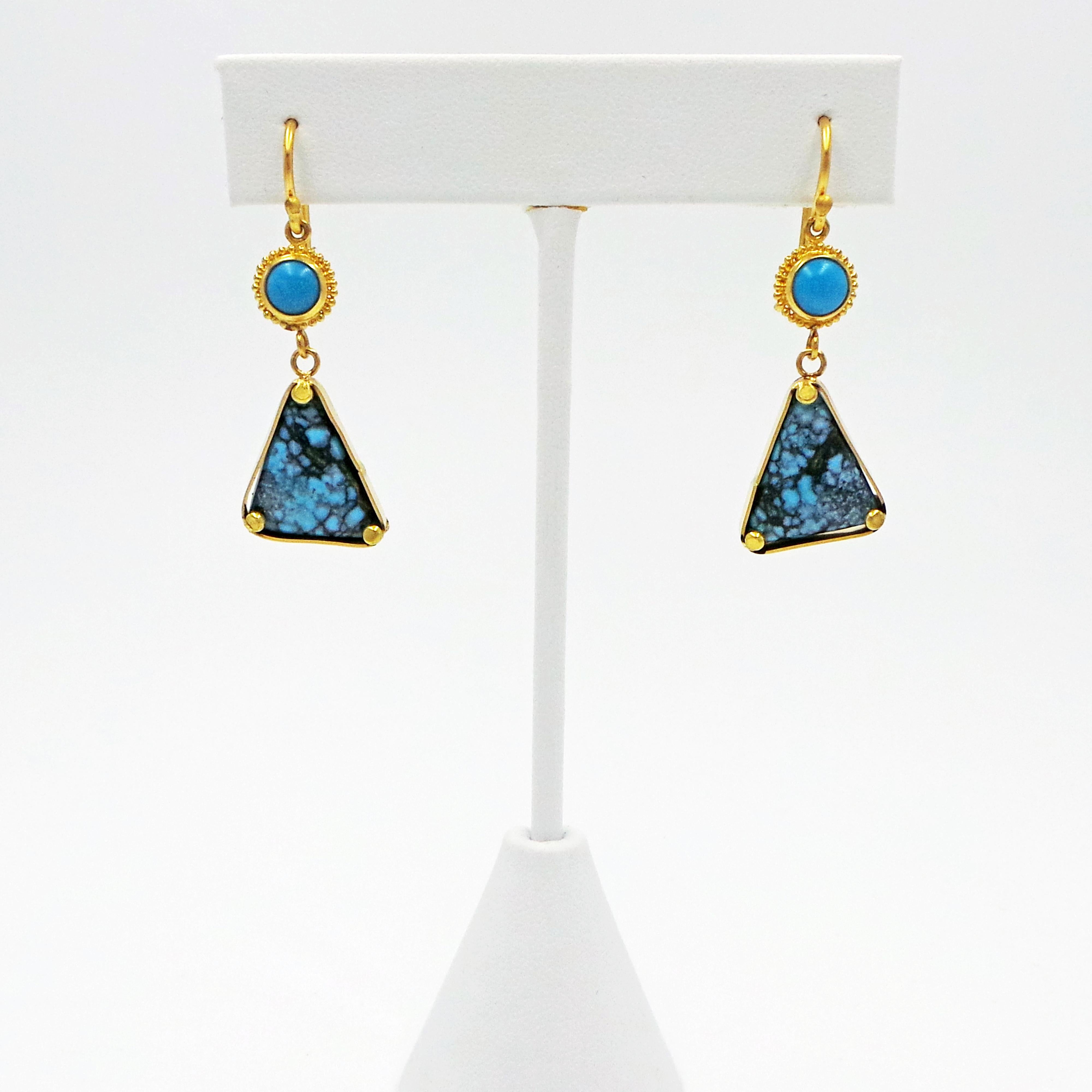 Hand-fabricated, two tier 22k yellow gold dangle earrings featuring high-grade Sleeping Beauty Turquoise and Kingman Matrix Turquoise. One-of-a-kind, gorgeous pair of artisan earrings with a rich color palette. 