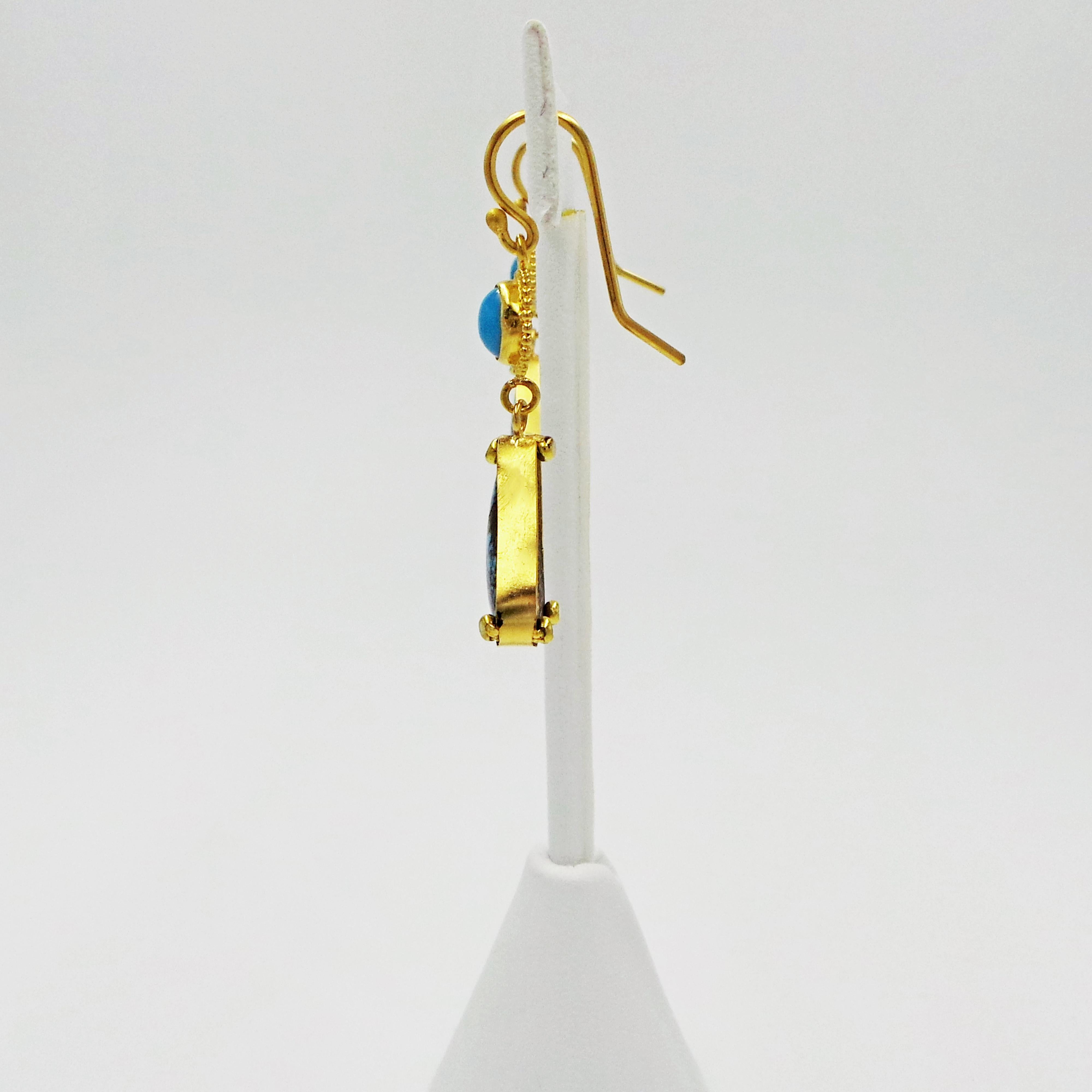 Contemporary Turquoise and 22k Yellow Gold Dangle Earrings