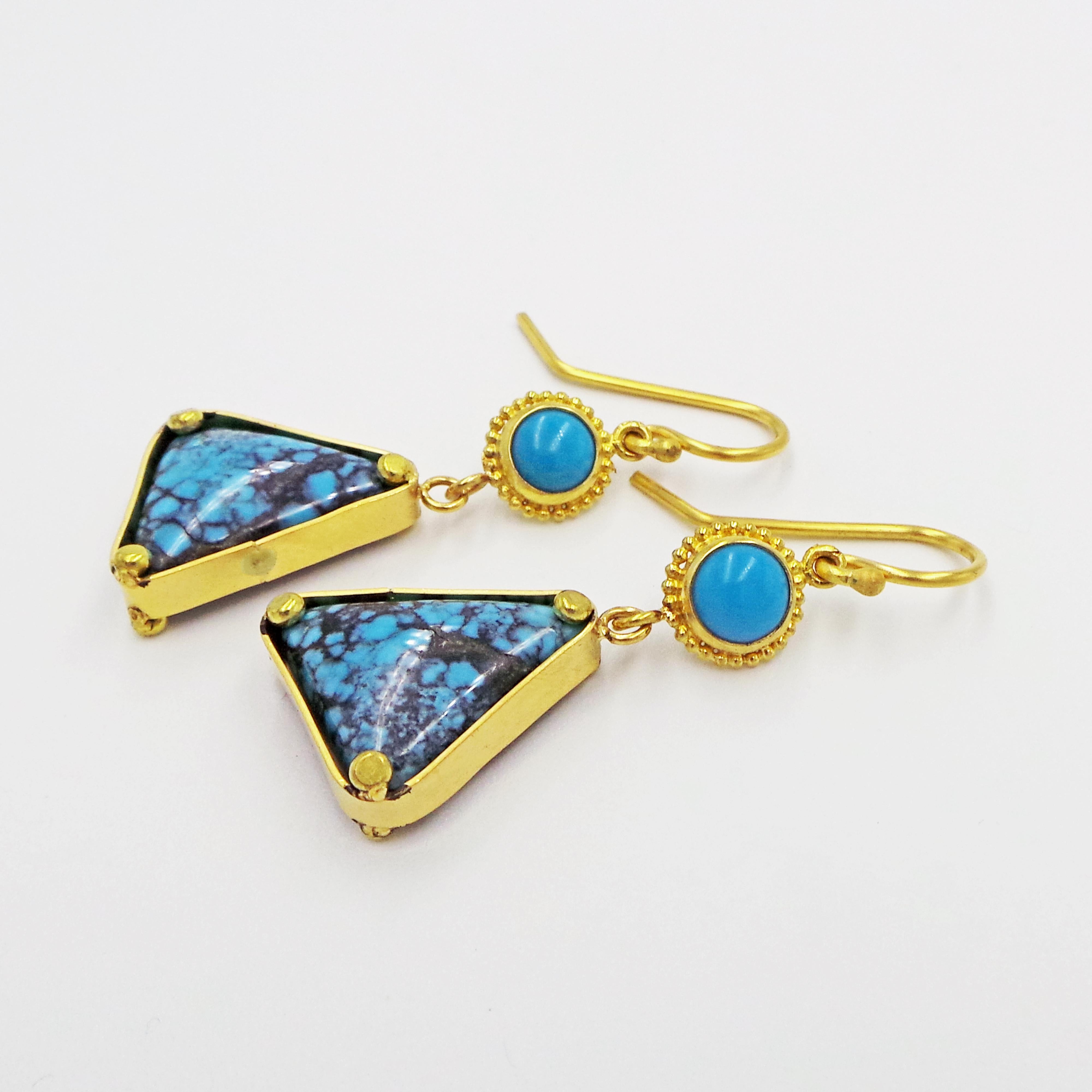 Turquoise and 22k Yellow Gold Dangle Earrings 1