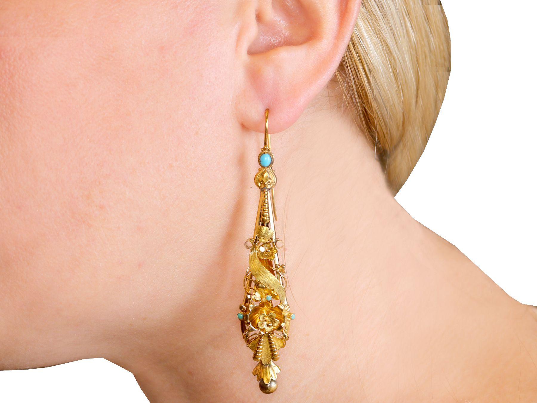 Antique 0.45 Carat Turquoise and Yellow Gold Earrings For Sale 4