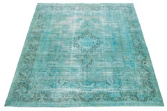 Turquoise Antique Overdyed Persian Wool Rug With Medallion Motif