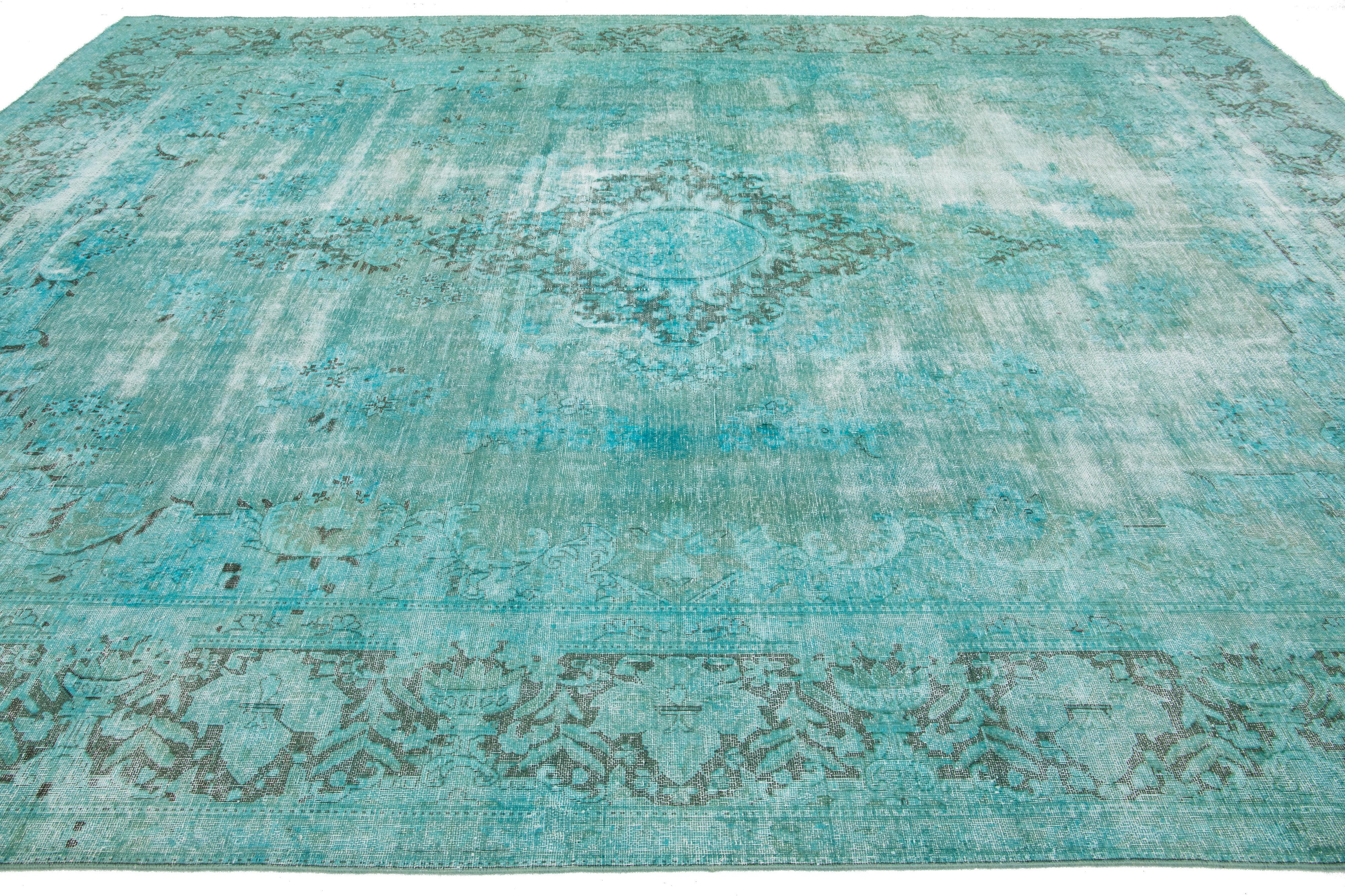 20th Century Turquoise Antique Overdyed Persian Wool Rug With Medallion Motif   For Sale