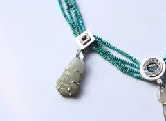 Turquoise Antiques Jade 18k White Gold Diamonds Necklace