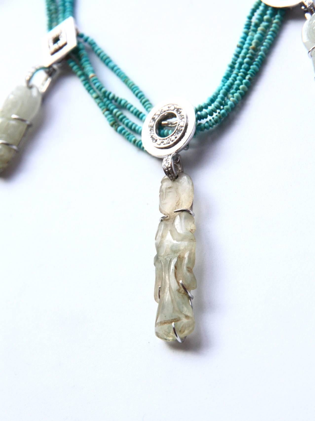 Art Nouveau Turquoise Antiques Jade 18k White Gold Diamonds Necklace For Sale
