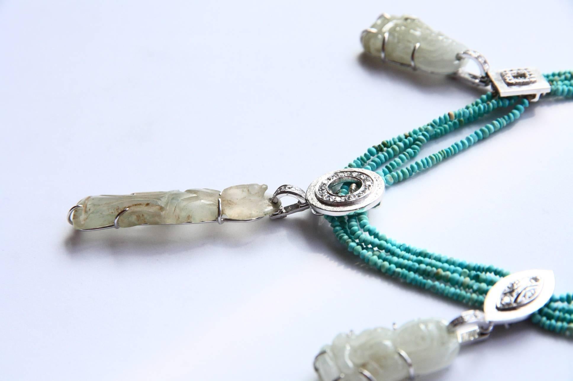 Turquoise Antiques Jade 18k White Gold Diamonds Necklace In New Condition For Sale In Milan, IT