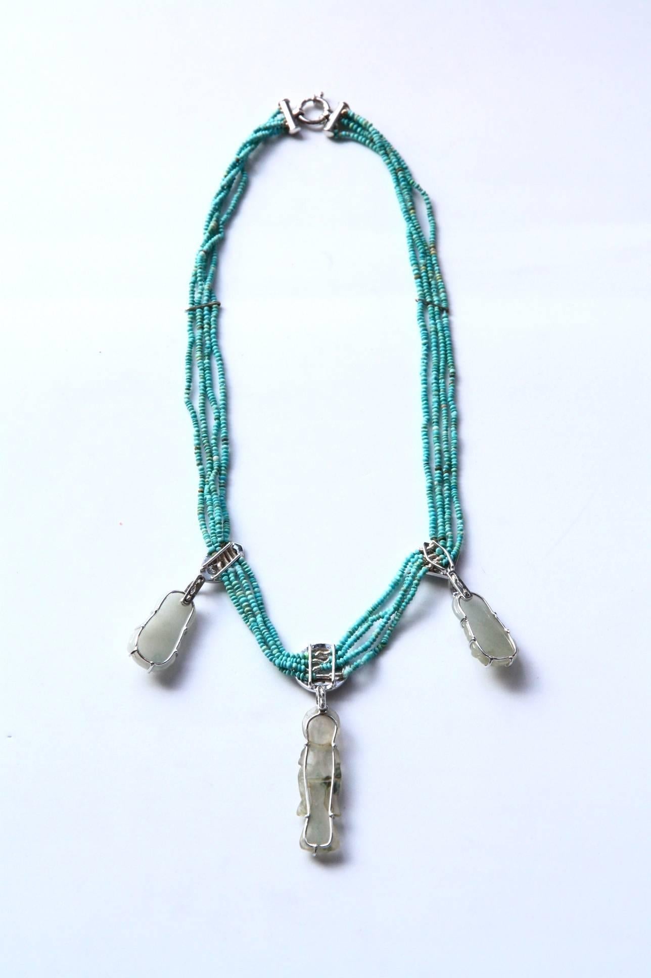 Turquoise Antiques Jade 18k White Gold Diamonds Necklace For Sale 1