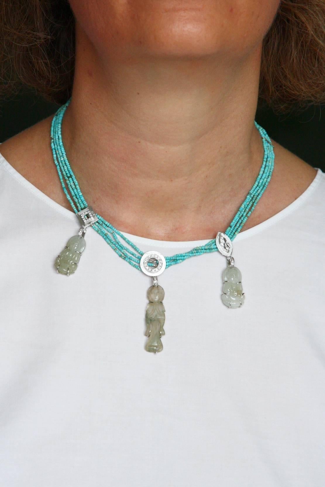 Turquoise Antiques Jade 18k White Gold Diamonds Necklace For Sale 3