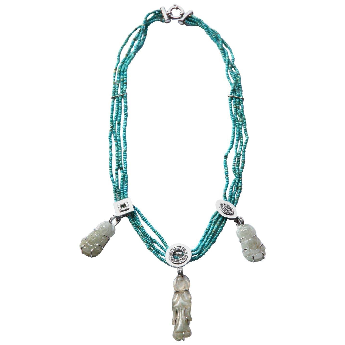 Turquoise Antiques Jade 18k White Gold Diamonds Necklace For Sale
