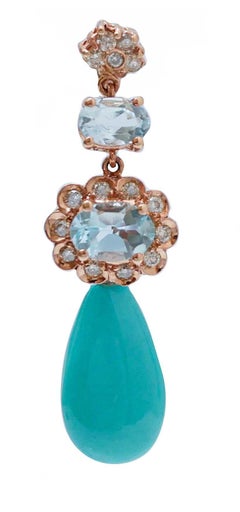Turquoise, Aquamarina Colour Topazs, Diamonds, 14 Kt Rose Gold Earrings.
