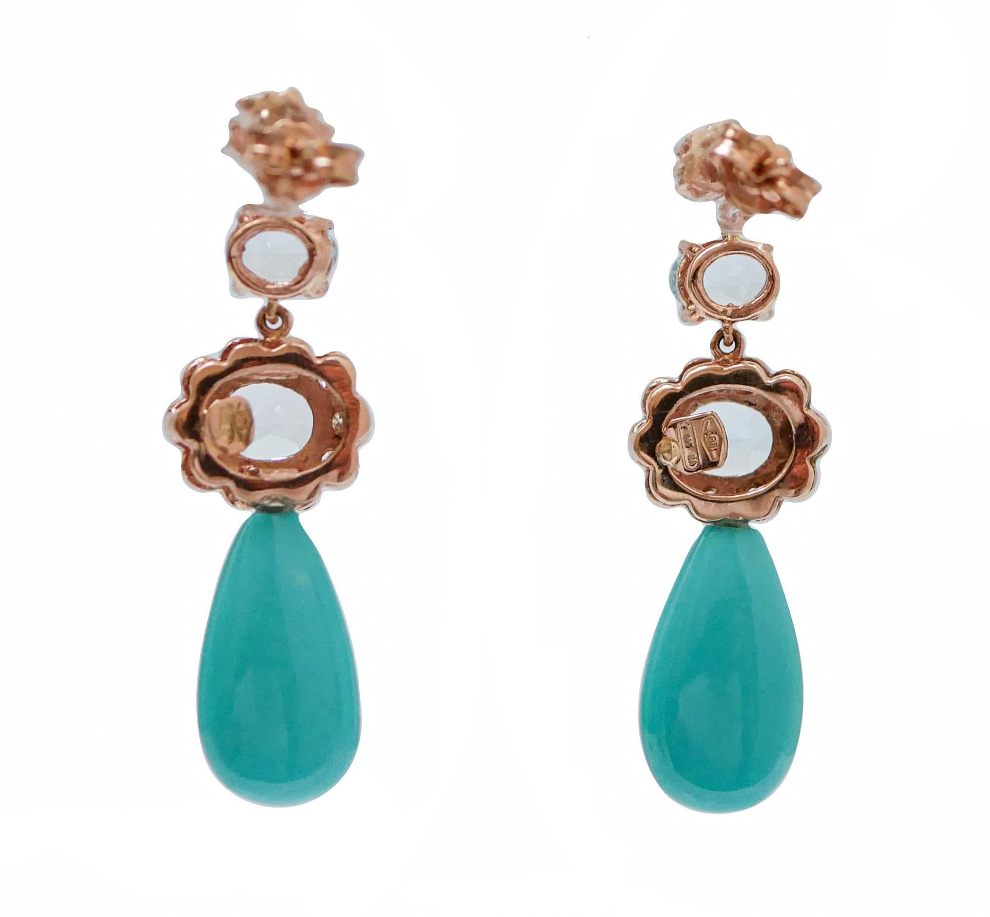 Retro Turquoise, Aquamarina Colour Topazs, Diamonds, 14 Kt Rose Gold Earrings. For Sale