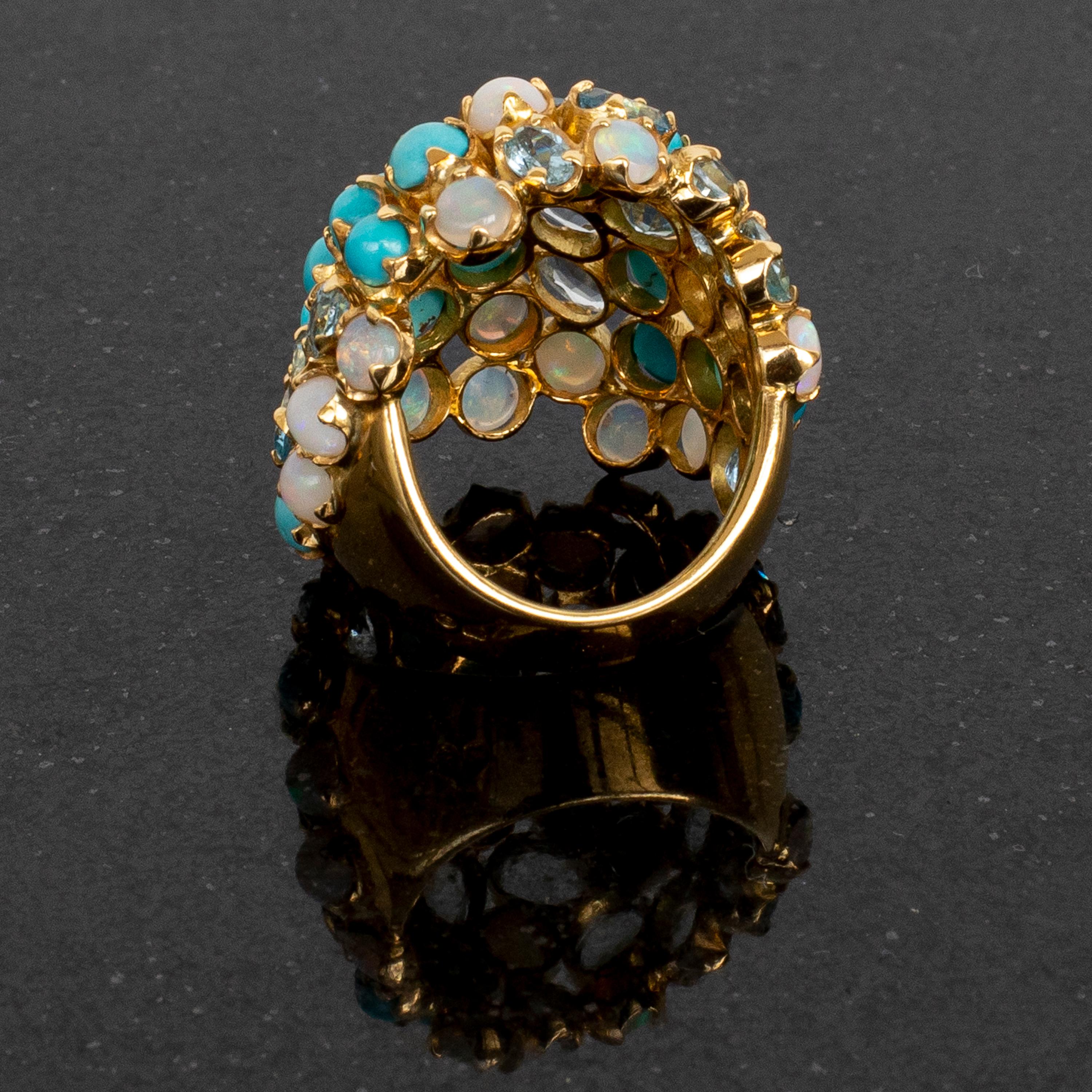 Contemporary Rosior one-off Turquoise, Aquamarine and Opal Cocktail Ring set in Yellow Gold