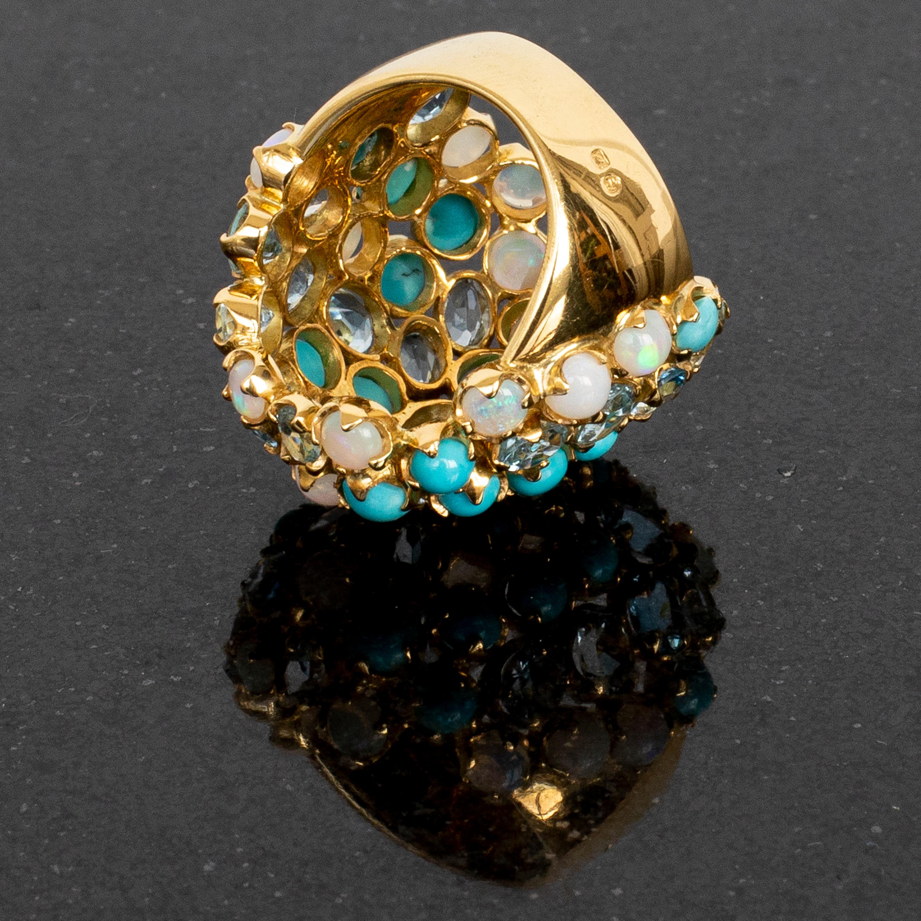 Cabochon Rosior one-off Turquoise, Aquamarine and Opal Cocktail Ring set in Yellow Gold