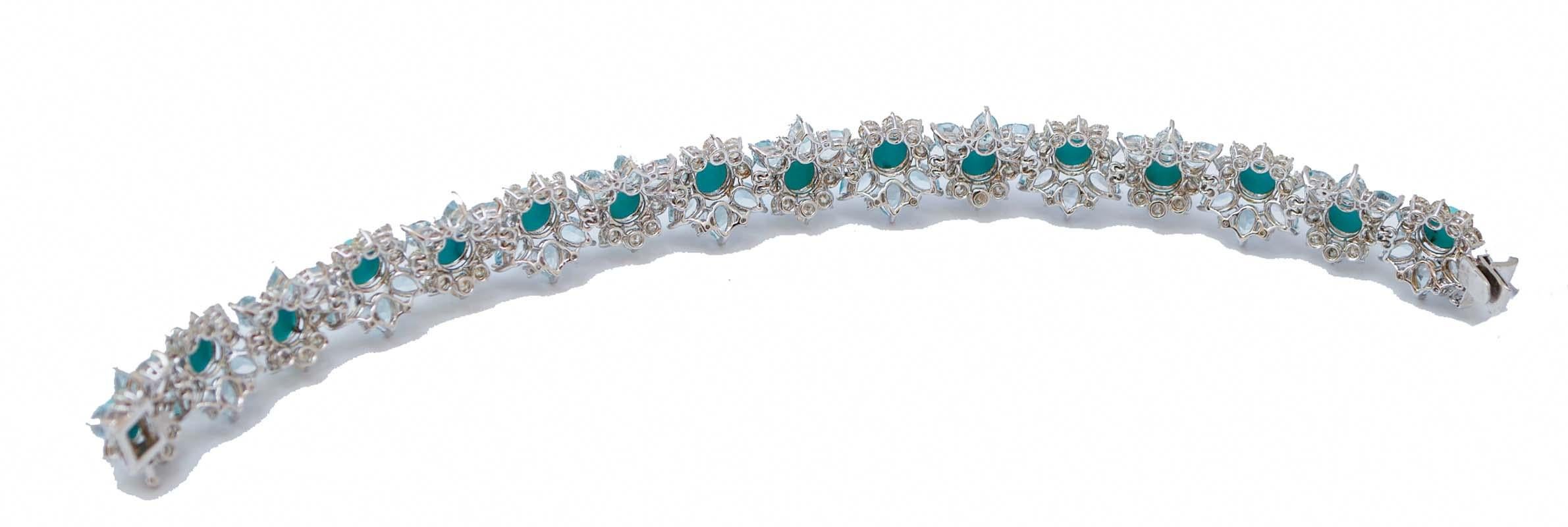Retro Turquoise, Aquamarine Colour Topaz, Diamonds, 14 Karat White Gold Bracelet.