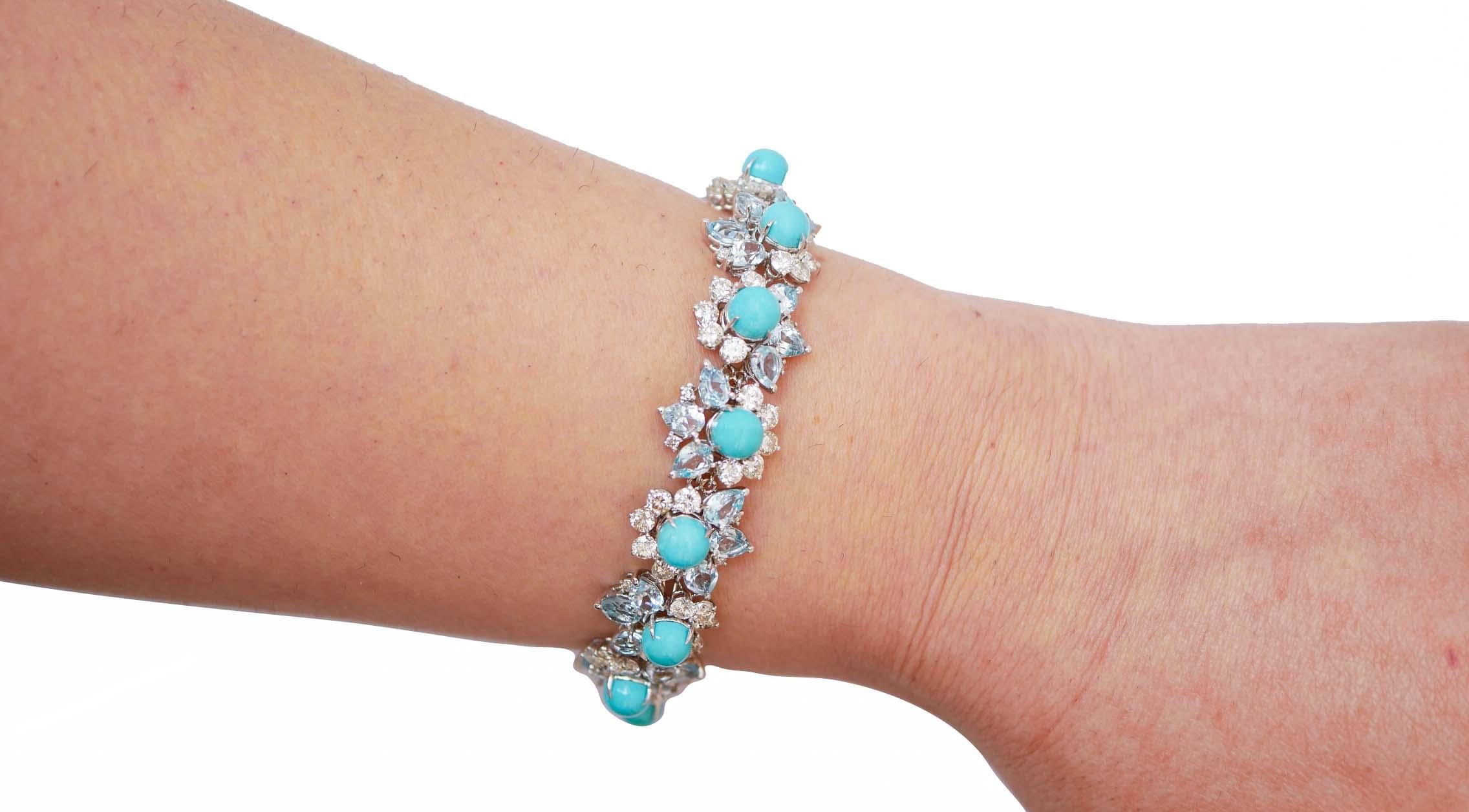 Mixed Cut Turquoise, Aquamarine Colour Topaz, Diamonds, 14 Karat White Gold Bracelet.