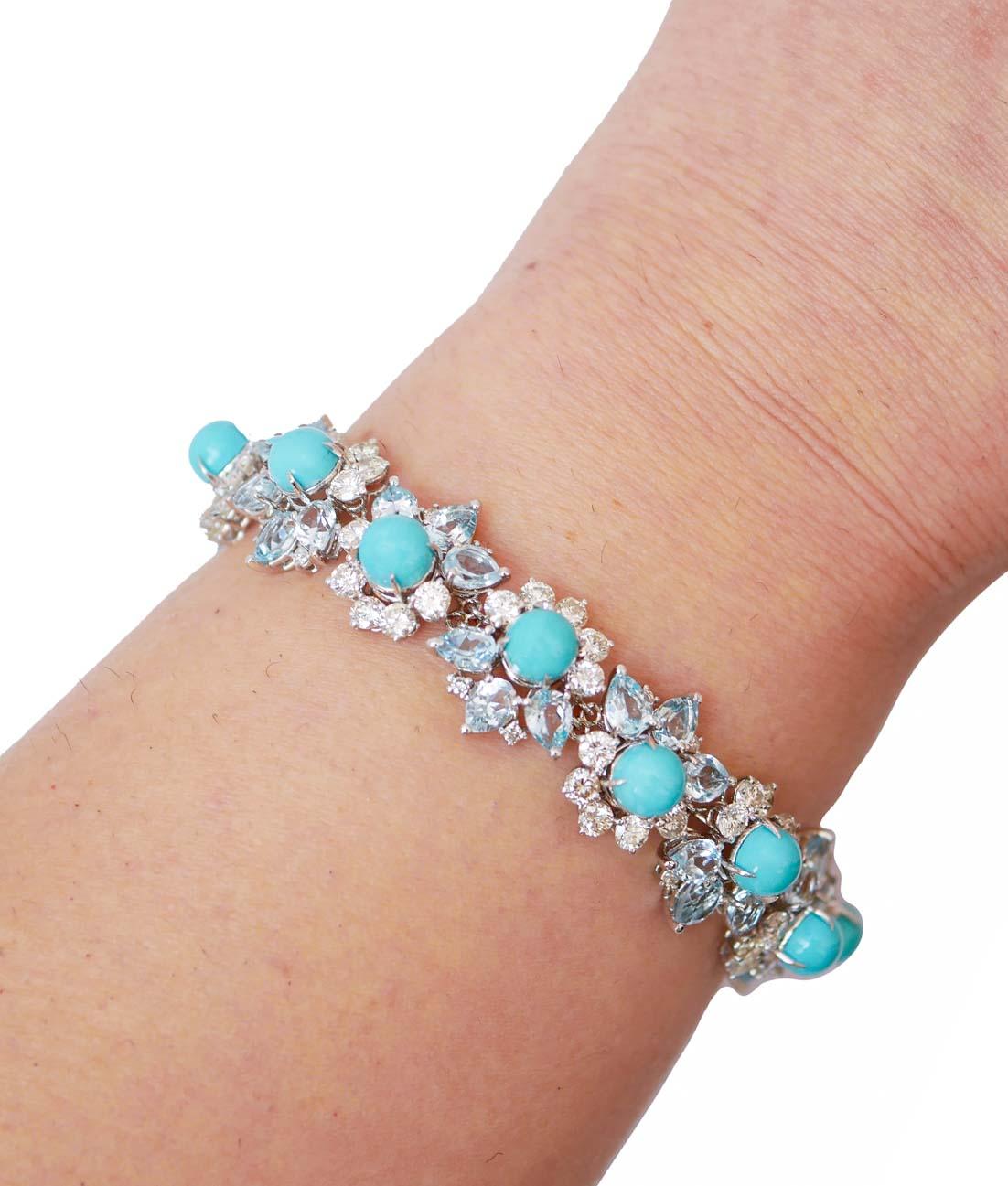 Turquoise, Aquamarine Colour Topaz, Diamonds, 14 Karat White Gold Bracelet. In Good Condition In Marcianise, Marcianise (CE)