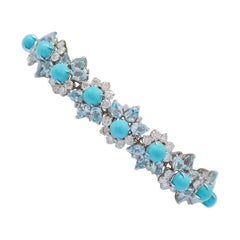 Turquoise, Aquamarine Colour Topaz, Diamonds, 14 Karat White Gold Bracelet.