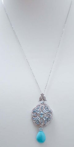 Turquoise, Aquamarine Colour Topaz, Diamonds, 14 Kt White Gold Pendant Necklace.