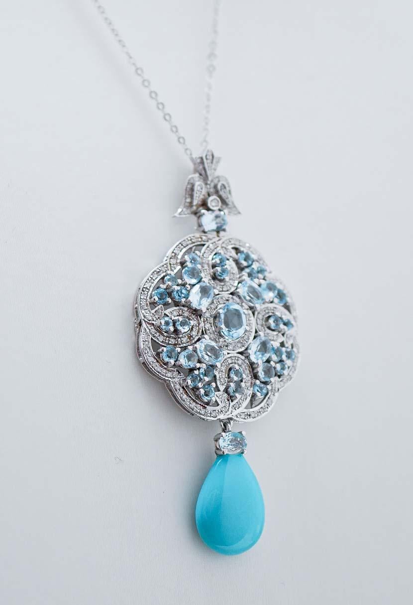 Retro Turquoise, Aquamarine Colour Topaz, Diamonds, 14 Kt White Gold Pendant Necklace.