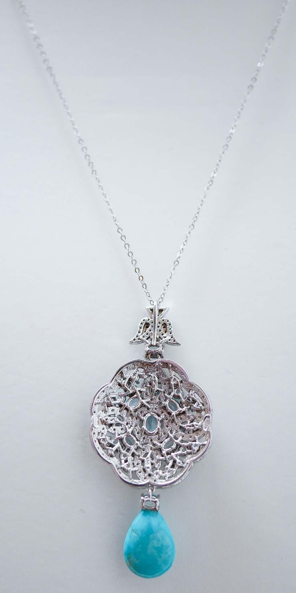Mixed Cut Turquoise, Aquamarine Colour Topaz, Diamonds, 14 Kt White Gold Pendant Necklace.