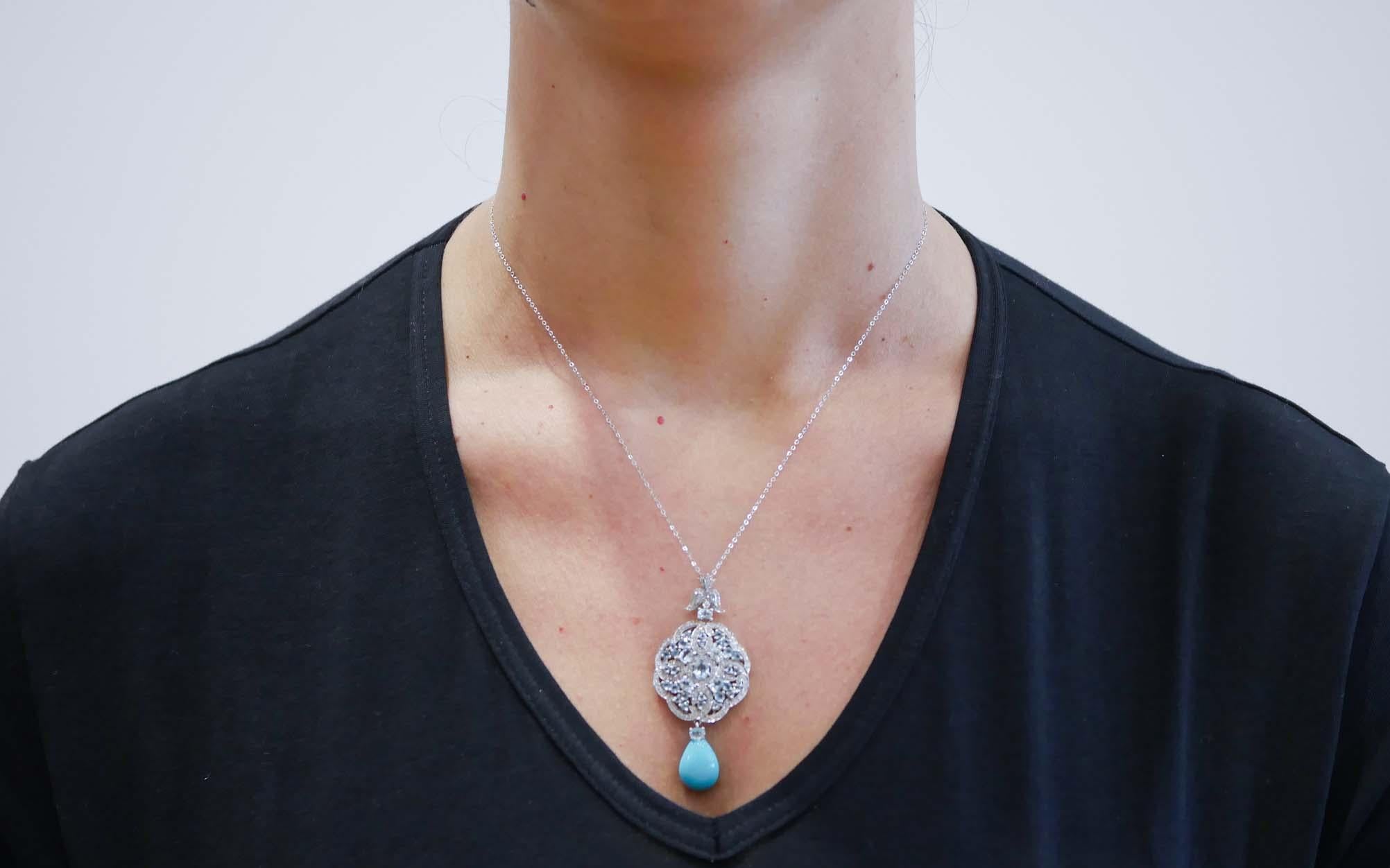 Turquoise, Aquamarine Colour Topaz, Diamonds, 14 Kt White Gold Pendant Necklace. In Good Condition In Marcianise, Marcianise (CE)
