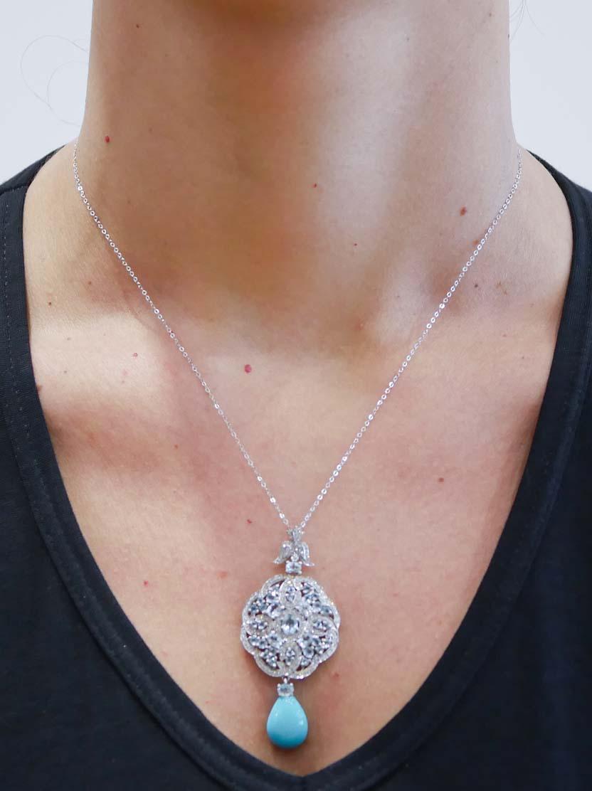 Women's Turquoise, Aquamarine Colour Topaz, Diamonds, 14 Kt White Gold Pendant Necklace.