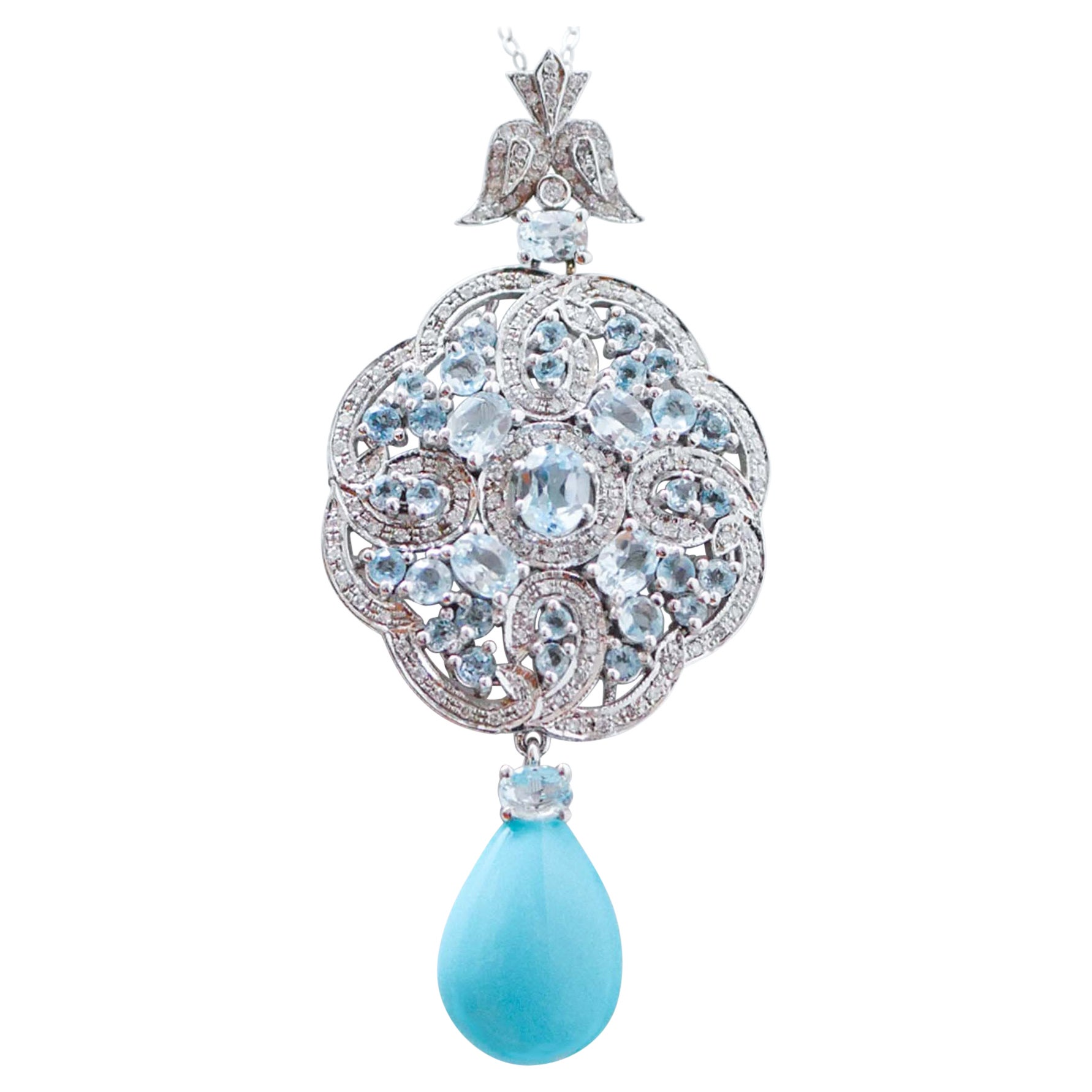 Turquoise, Aquamarine Colour Topaz, Diamonds, 14 Kt White Gold Pendant Necklace. For Sale