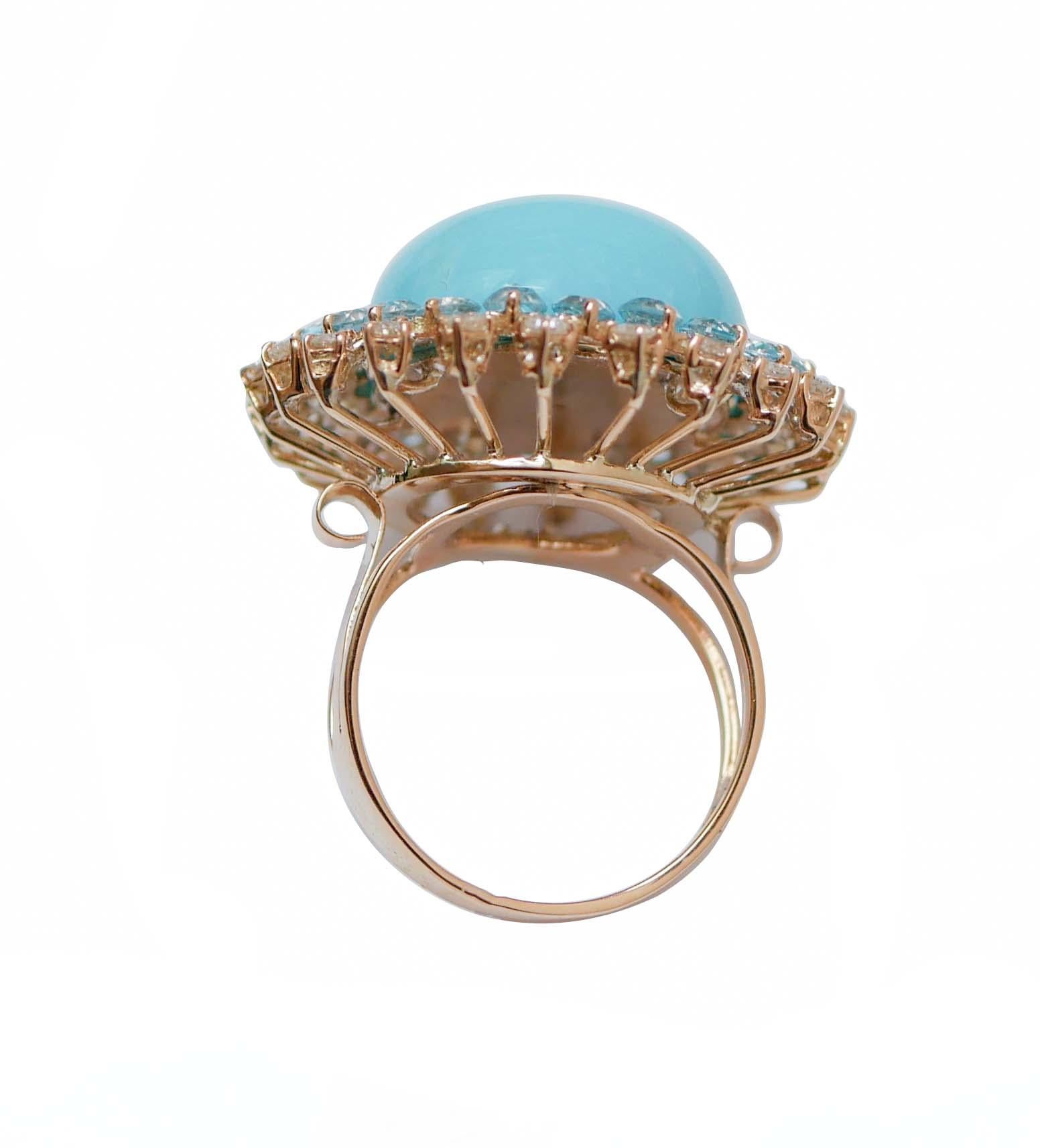 Retro Turquoise, Aquamarine Colour Topazs, Diamonds, 14 Karat Rose Gold Ring. For Sale
