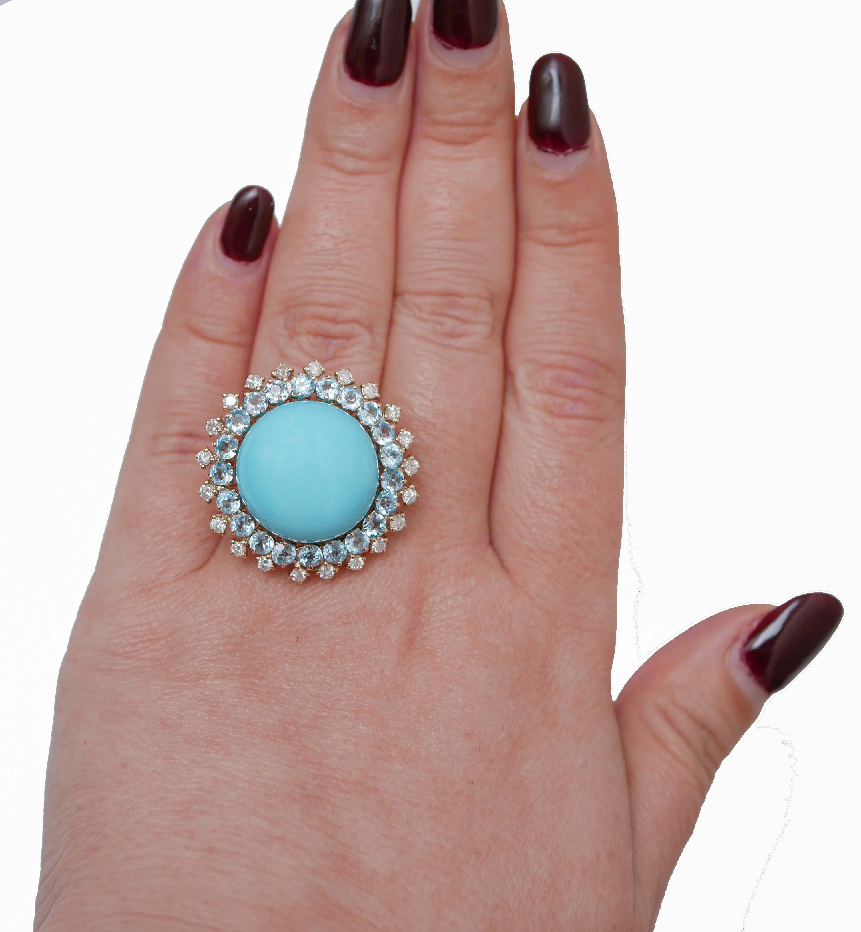 Mixed Cut Turquoise, Aquamarine Colour Topazs, Diamonds, 14 Karat Rose Gold Ring. For Sale