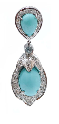 Turquoise, Aquamarine Colour Topazs, Diamonds, Platinum Earrings.