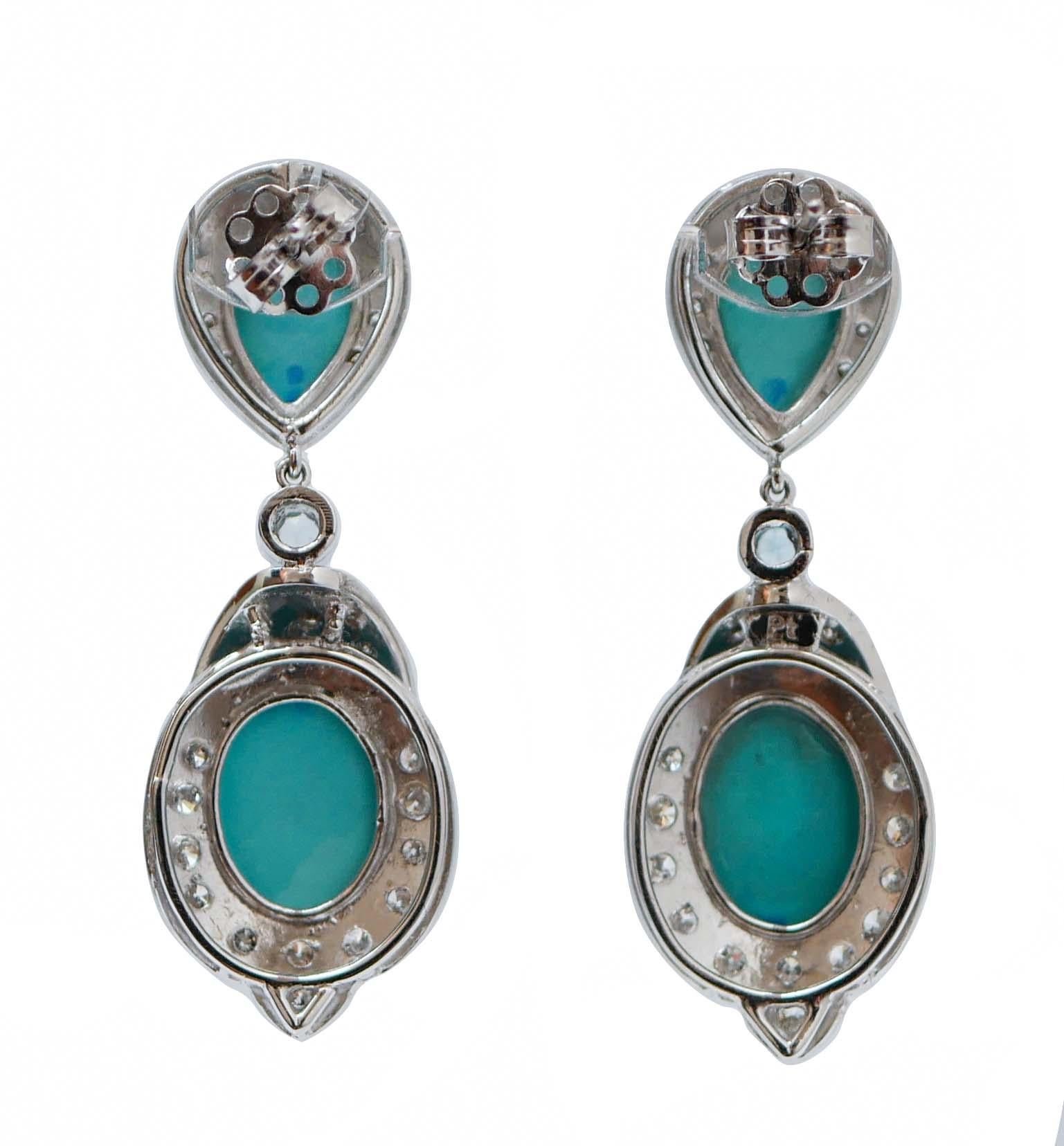 Retro Turquoise, Aquamarine Colour Topazs, Diamonds, Platinum Earrings. For Sale