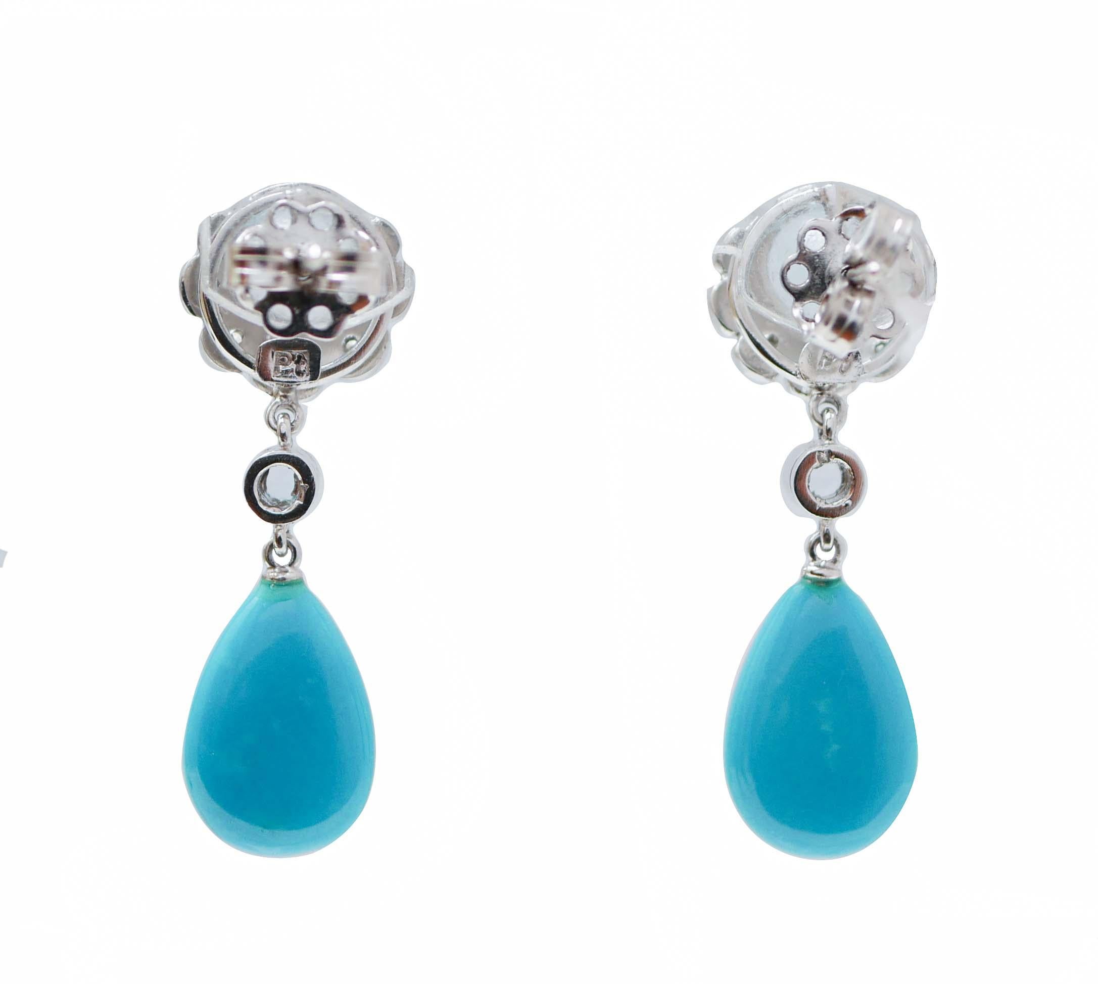 Retro Turquoise, Aquamarine Colour Topazs, Diamonds, Platinum Earrings. For Sale