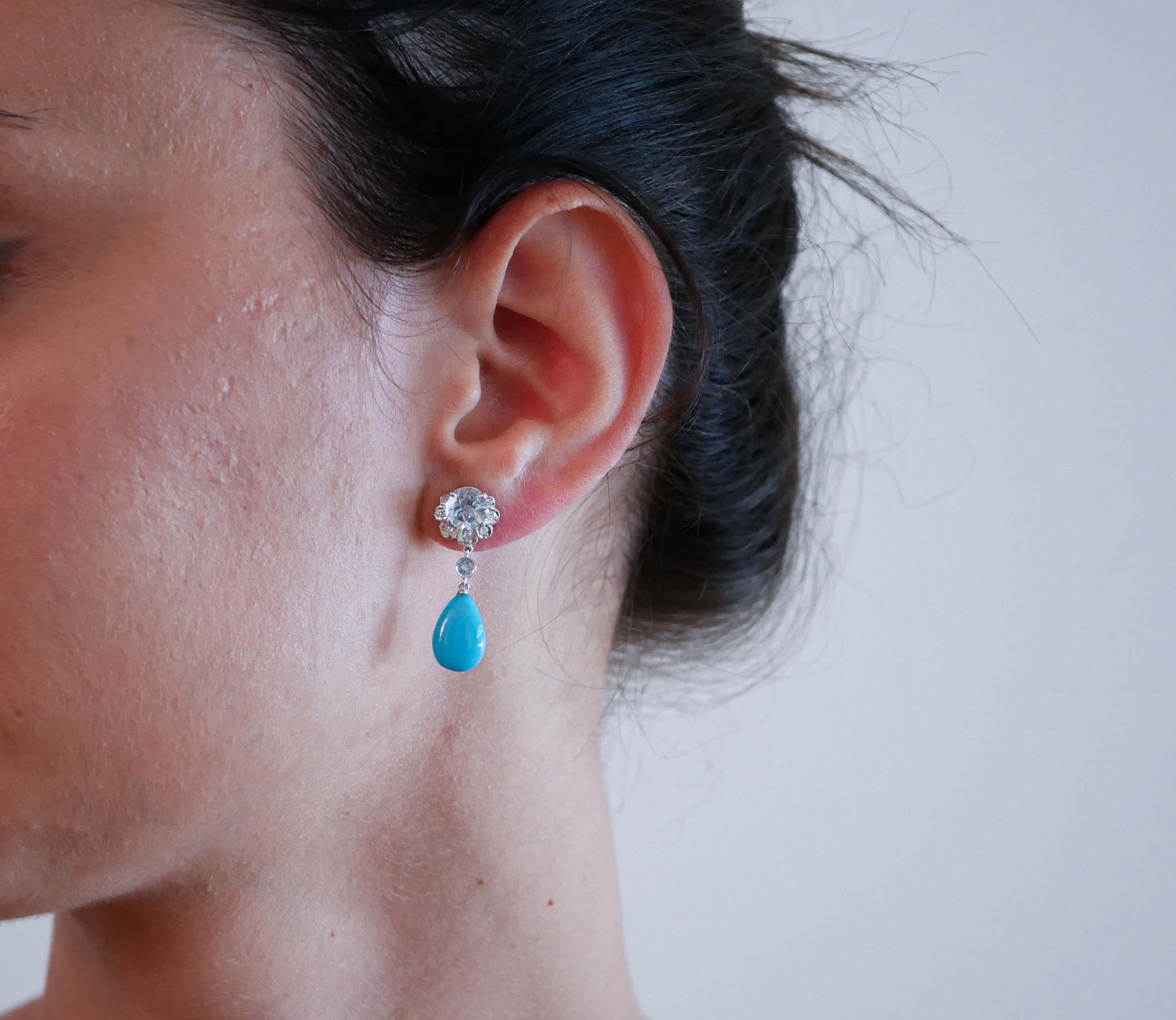 Mixed Cut Turquoise, Aquamarine Colour Topazs, Diamonds, Platinum Earrings. For Sale