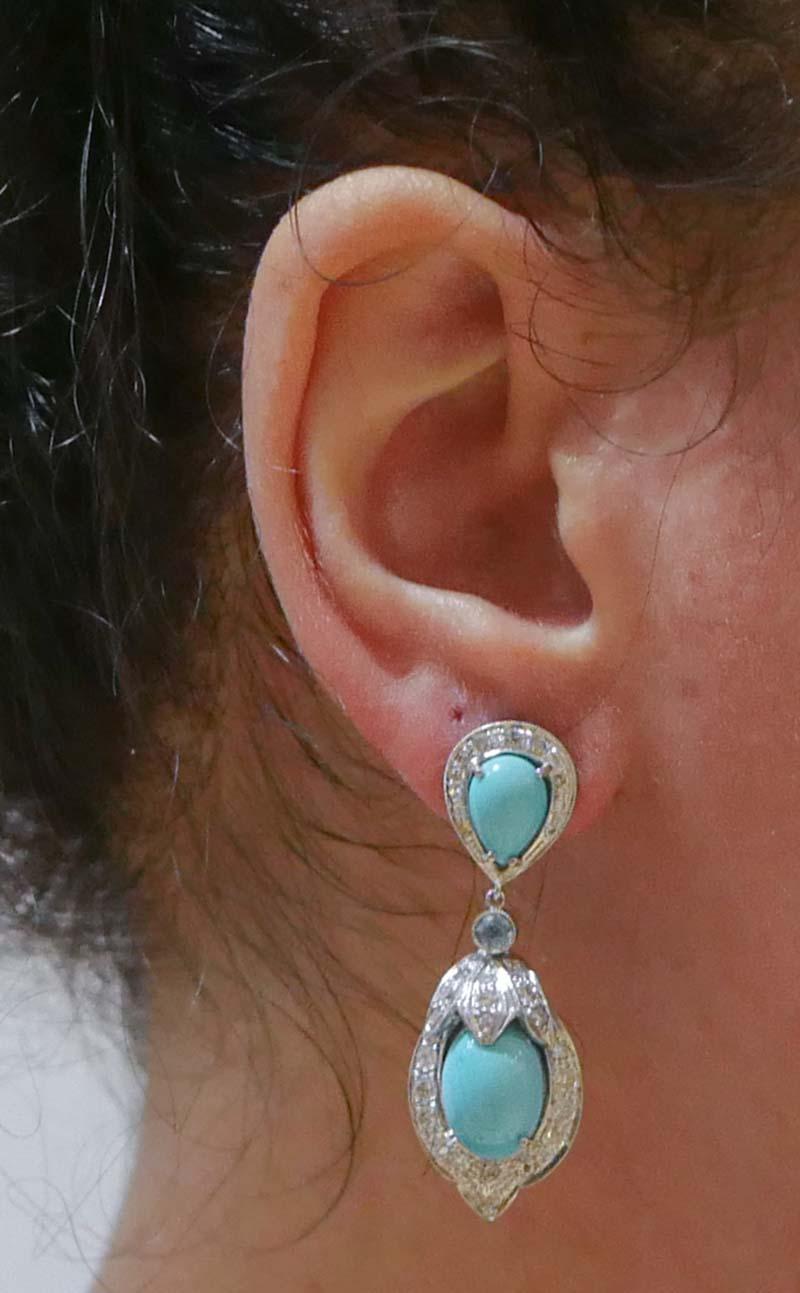 Turquoise, Aquamarine Colour Topazs, Diamonds, Platinum Earrings. In Good Condition For Sale In Marcianise, Marcianise (CE)