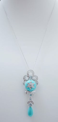 Turquoise, Aquamarine Colour Topazs, Diamonds, Platinum Pendant Necklace.