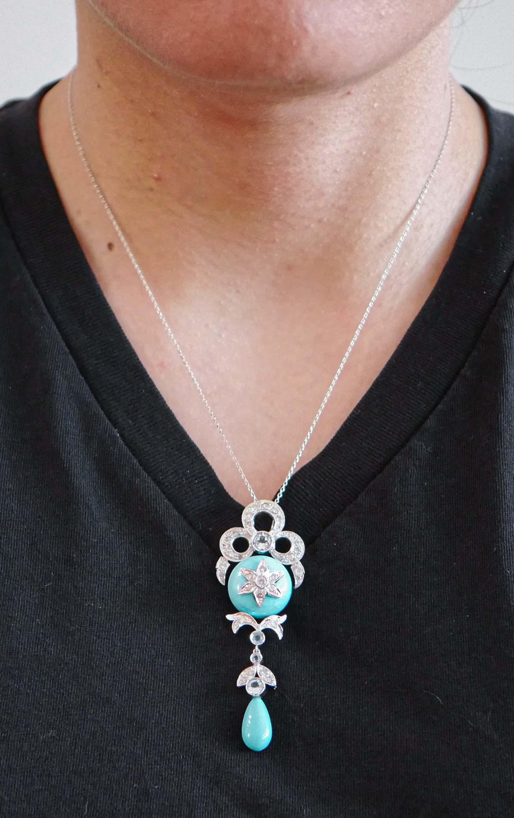 Women's Turquoise, Aquamarine Colour Topazs, Diamonds, Platinum Pendant Necklace. For Sale