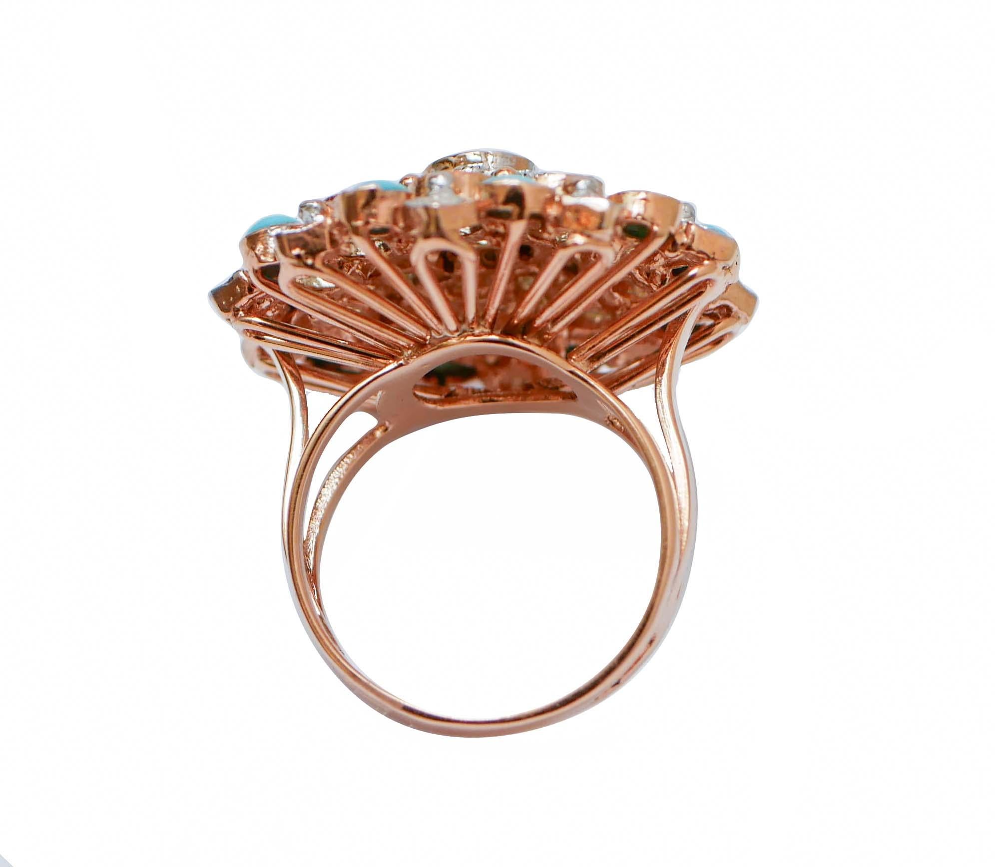 Rétro Bague en or rose et argent avec turquoise, topaze de couleur aigue-marine, diamants