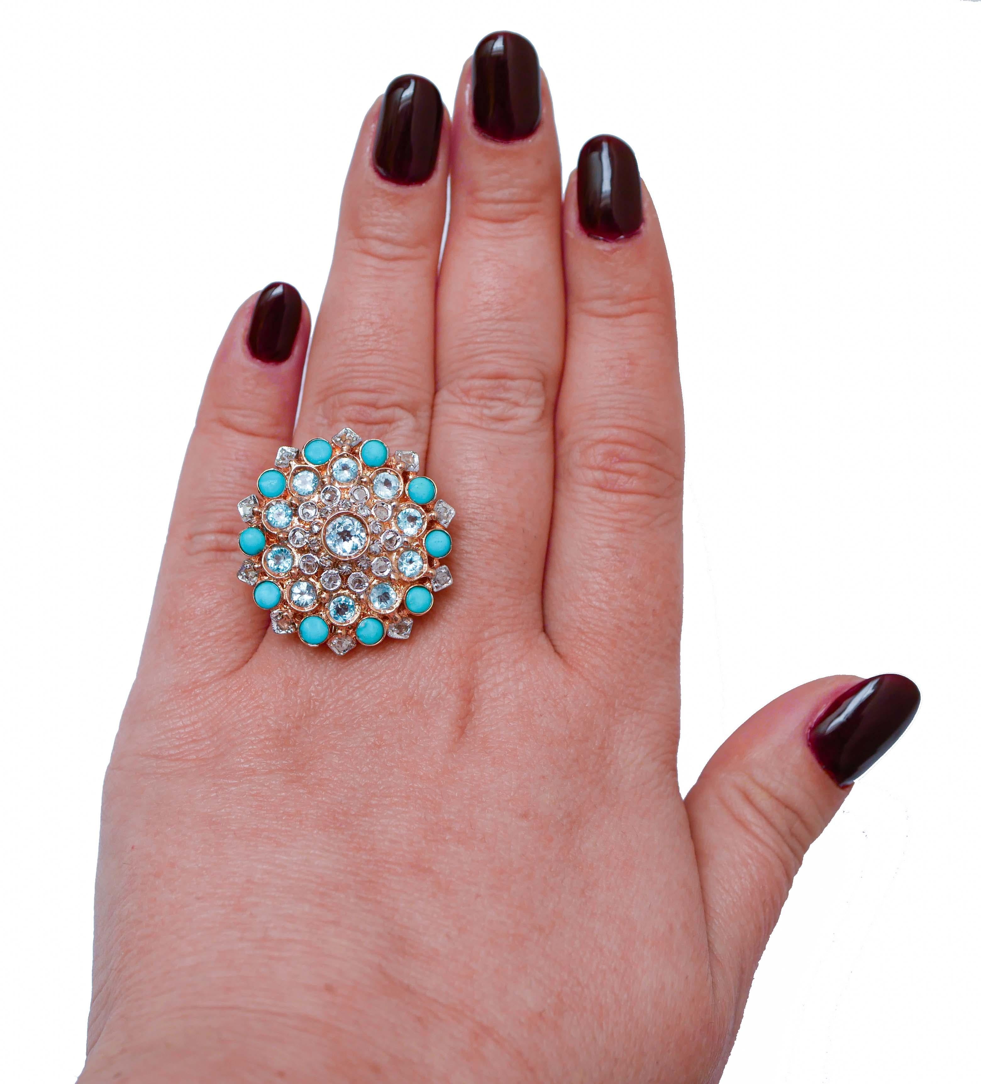 Mixed Cut Turquoise, Aquamarine Colour Topazs, Diamonds, Rose Gold and Silver Ring.