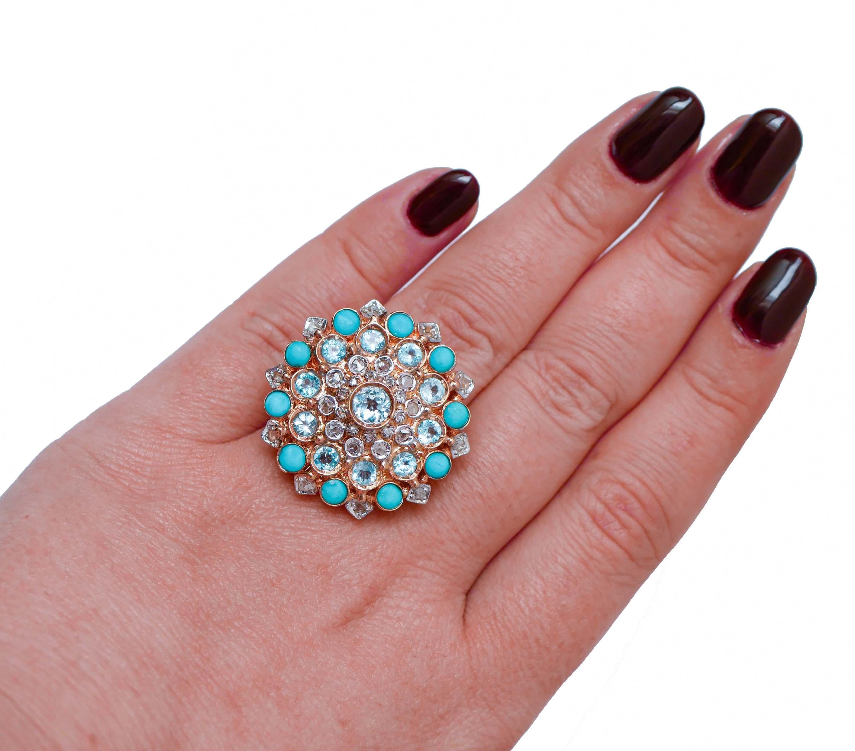 Mixed Cut Turquoise, Aquamarine Colour Topazs, Diamonds, Rose Gold and Silver Ring.