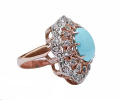 Turquoise, Aquamarine, Diamonds, 14 Karat Rose Gold and Silver Ring.