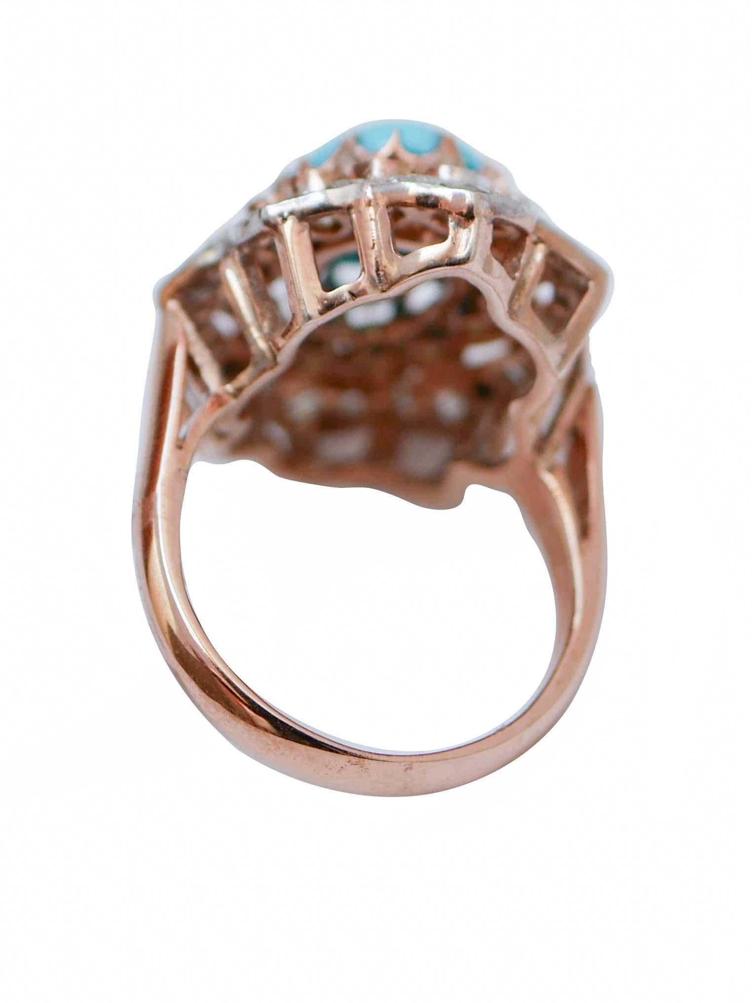 Rétro Bague en or rose 14 carats, turquoise, aigue-marine, diamants en vente