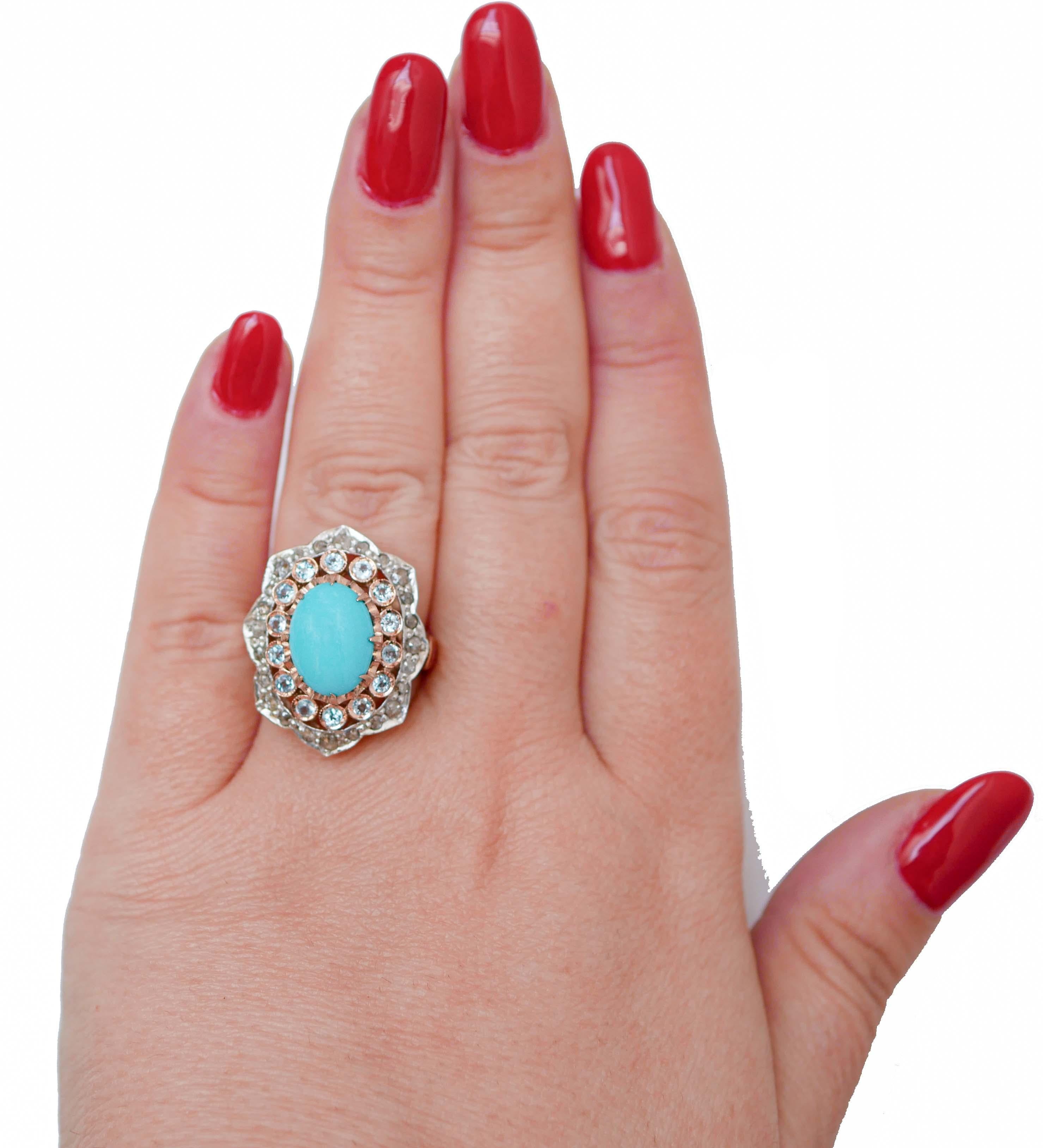 Mixed Cut Turquoise, Aquamarine, Diamonds, 14 Karat Rose Gold and Silver Ring. For Sale