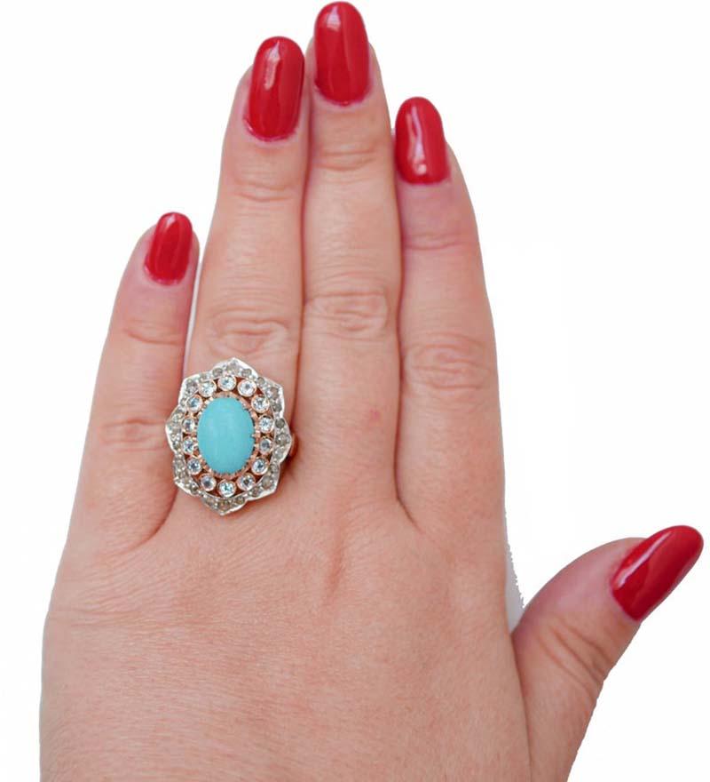 Taille mixte Bague en or rose 14 carats, turquoise, aigue-marine, diamants en vente