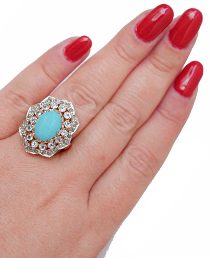 Bague en or rose 14 carats, turquoise, aigue-marine, diamants Bon état - En vente à Marcianise, Marcianise (CE)