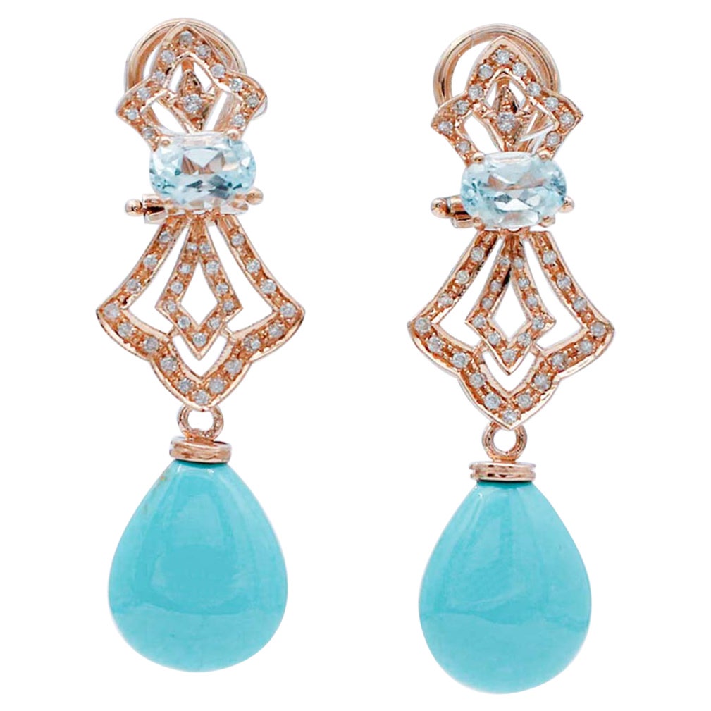 Trkis, Aquamarin, Diamanten, 14 Karat Rosgold Ohrhnger