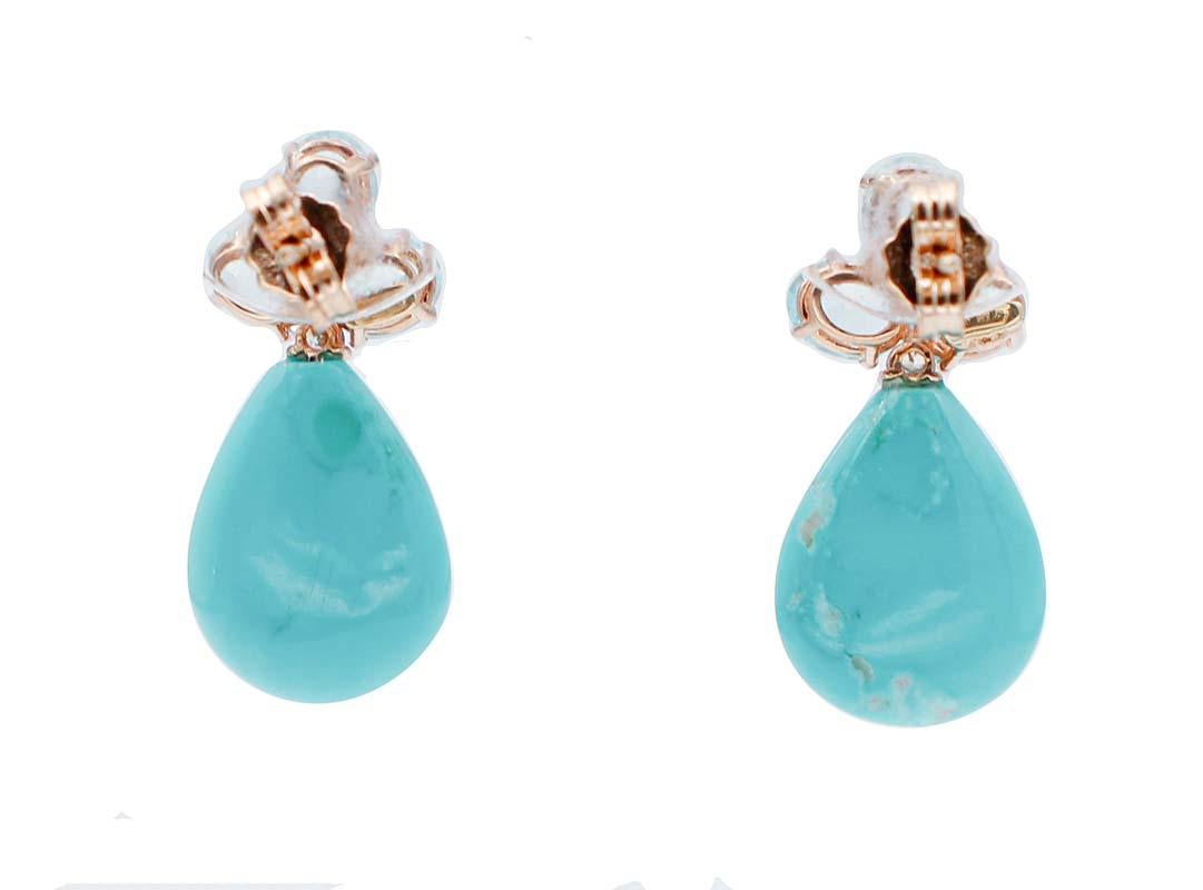 Retro Turquoise, Aquamarine, Diamonds, 14 Karat Rose Gold Retrò Earrings