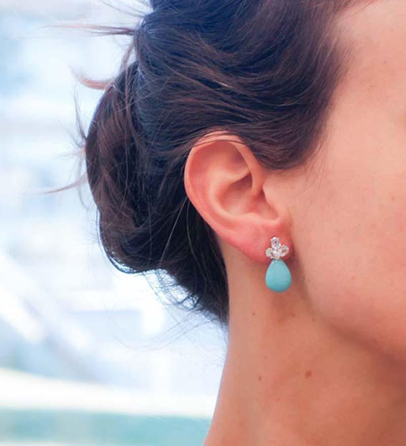Turquoise, Aquamarine, Diamonds, 14 Karat Rose Gold Retrò Earrings In Good Condition In Marcianise, Marcianise (CE)